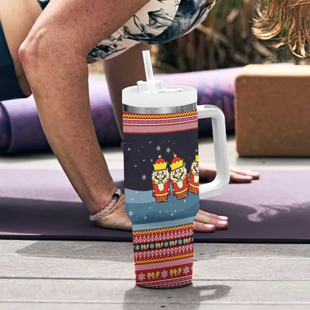 Funny Nutcracker Christmas Tumbler With Handle with Crack Deez Nuts Quote and Holiday Pattern Design - Wonder Print Shop