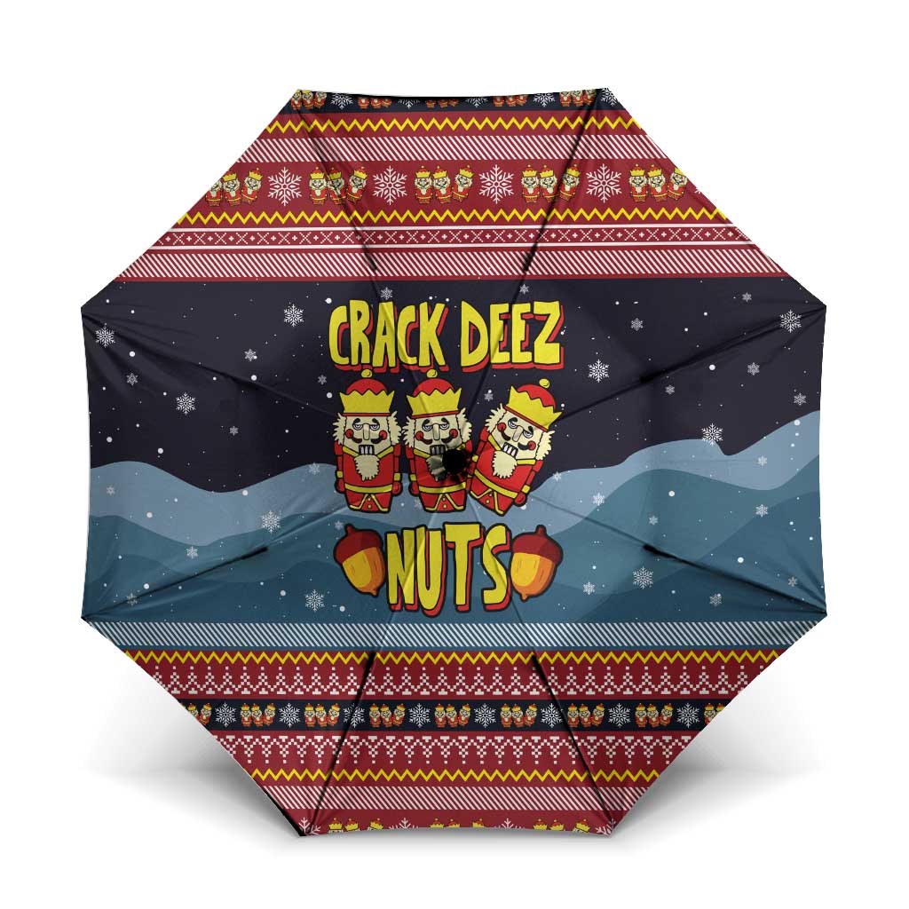 Funny Nutcracker Christmas Umbrella with Crack Deez Nuts Quote and Holiday Pattern Design - Wonder Print Shop