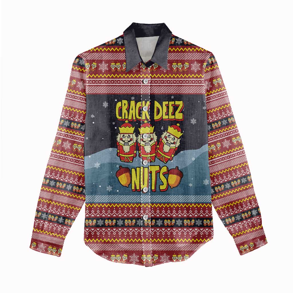 Funny Nutcracker Christmas Women Casual Shirt with Crack Deez Nuts Quote and Holiday Pattern Design - Wonder Print Shop