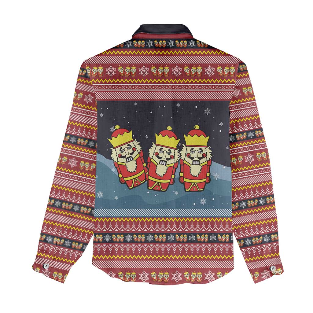 Funny Nutcracker Christmas Women Casual Shirt with Crack Deez Nuts Quote and Holiday Pattern Design - Wonder Print Shop