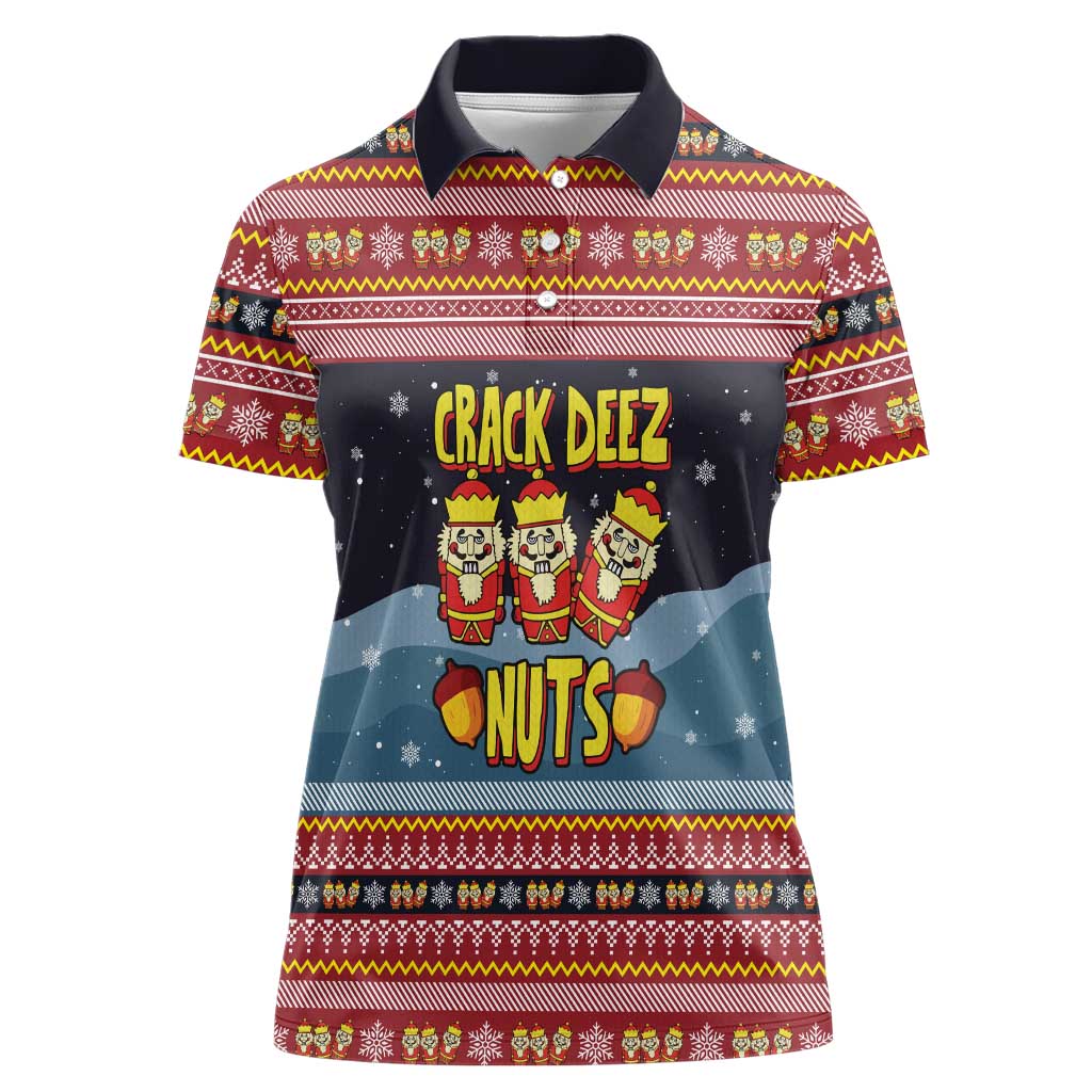 Funny Nutcracker Christmas Women Polo Shirt with Crack Deez Nuts Quote and Holiday Pattern Design - Wonder Print Shop