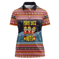 Funny Nutcracker Christmas Women Polo Shirt with Crack Deez Nuts Quote and Holiday Pattern Design - Wonder Print Shop