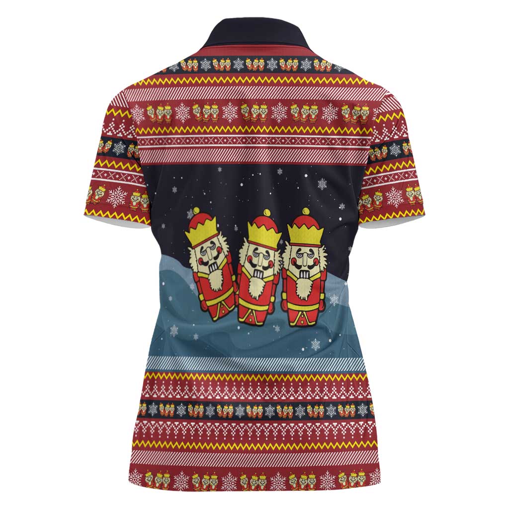 Funny Nutcracker Christmas Women Polo Shirt with Crack Deez Nuts Quote and Holiday Pattern Design - Wonder Print Shop