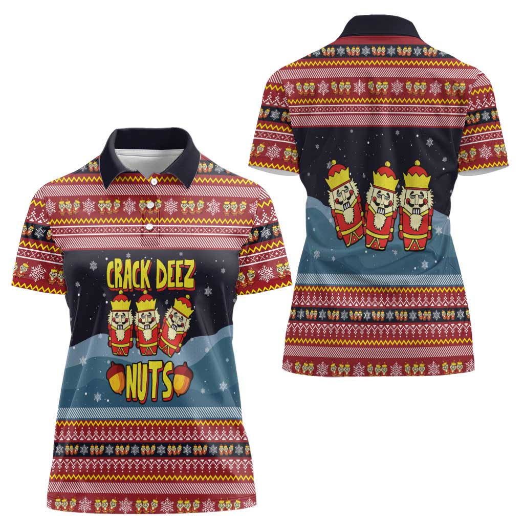Funny Nutcracker Christmas Women Polo Shirt with Crack Deez Nuts Quote and Holiday Pattern Design - Wonder Print Shop