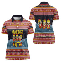 Funny Nutcracker Christmas Women Polo Shirt with Crack Deez Nuts Quote and Holiday Pattern Design - Wonder Print Shop