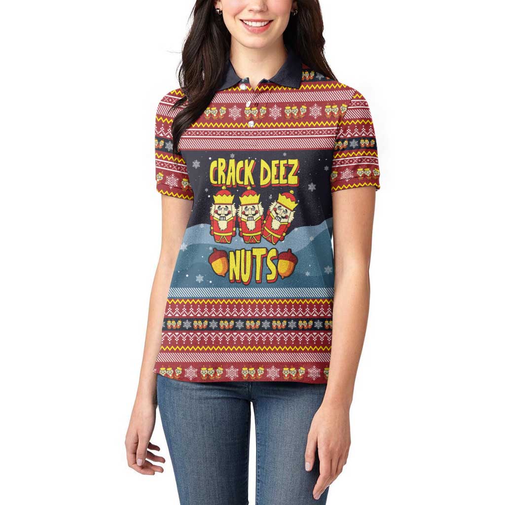 Funny Nutcracker Christmas Women Polo Shirt with Crack Deez Nuts Quote and Holiday Pattern Design - Wonder Print Shop