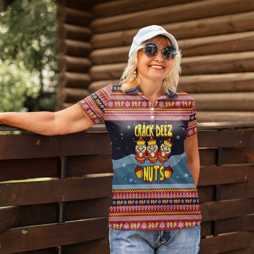 Funny Nutcracker Christmas Women Polo Shirt with Crack Deez Nuts Quote and Holiday Pattern Design - Wonder Print Shop