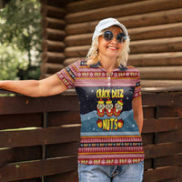 Funny Nutcracker Christmas Women Polo Shirt with Crack Deez Nuts Quote and Holiday Pattern Design - Wonder Print Shop