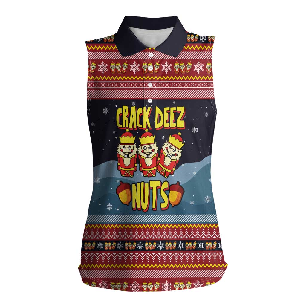 Funny Nutcracker Christmas Women Sleeveless Polo Shirt with Crack Deez Nuts Quote and Holiday Pattern Design - Wonder Print Shop