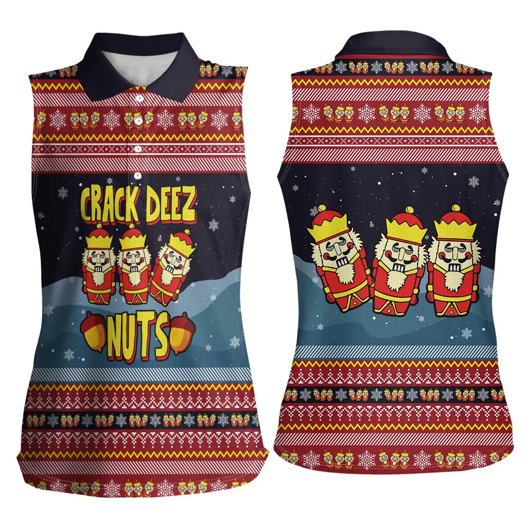 Funny Nutcracker Christmas Women Sleeveless Polo Shirt with Crack Deez Nuts Quote and Holiday Pattern Design - Wonder Print Shop