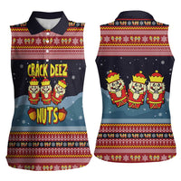 Funny Nutcracker Christmas Women Sleeveless Polo Shirt with Crack Deez Nuts Quote and Holiday Pattern Design - Wonder Print Shop
