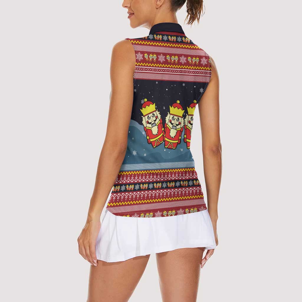 Funny Nutcracker Christmas Women Sleeveless Polo Shirt with Crack Deez Nuts Quote and Holiday Pattern Design - Wonder Print Shop