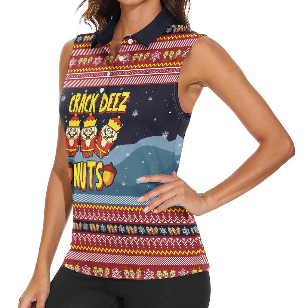 Funny Nutcracker Christmas Women Sleeveless Polo Shirt with Crack Deez Nuts Quote and Holiday Pattern Design - Wonder Print Shop