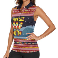 Funny Nutcracker Christmas Women Sleeveless Polo Shirt with Crack Deez Nuts Quote and Holiday Pattern Design - Wonder Print Shop