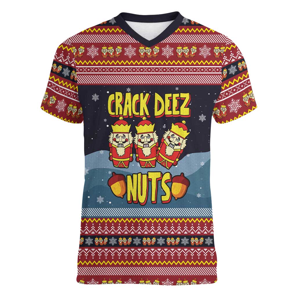 Funny Nutcracker Christmas Women V-Neck T-Shirt with Crack Deez Nuts Quote and Holiday Pattern Design - Wonder Print Shop