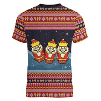 Funny Nutcracker Christmas Women V-Neck T-Shirt with Crack Deez Nuts Quote and Holiday Pattern Design - Wonder Print Shop