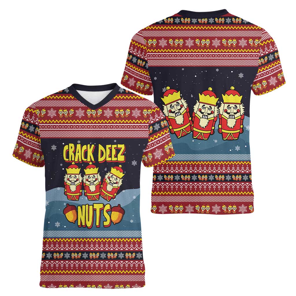 Funny Nutcracker Christmas Women V-Neck T-Shirt with Crack Deez Nuts Quote and Holiday Pattern Design - Wonder Print Shop