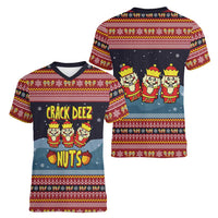 Funny Nutcracker Christmas Women V-Neck T-Shirt with Crack Deez Nuts Quote and Holiday Pattern Design - Wonder Print Shop