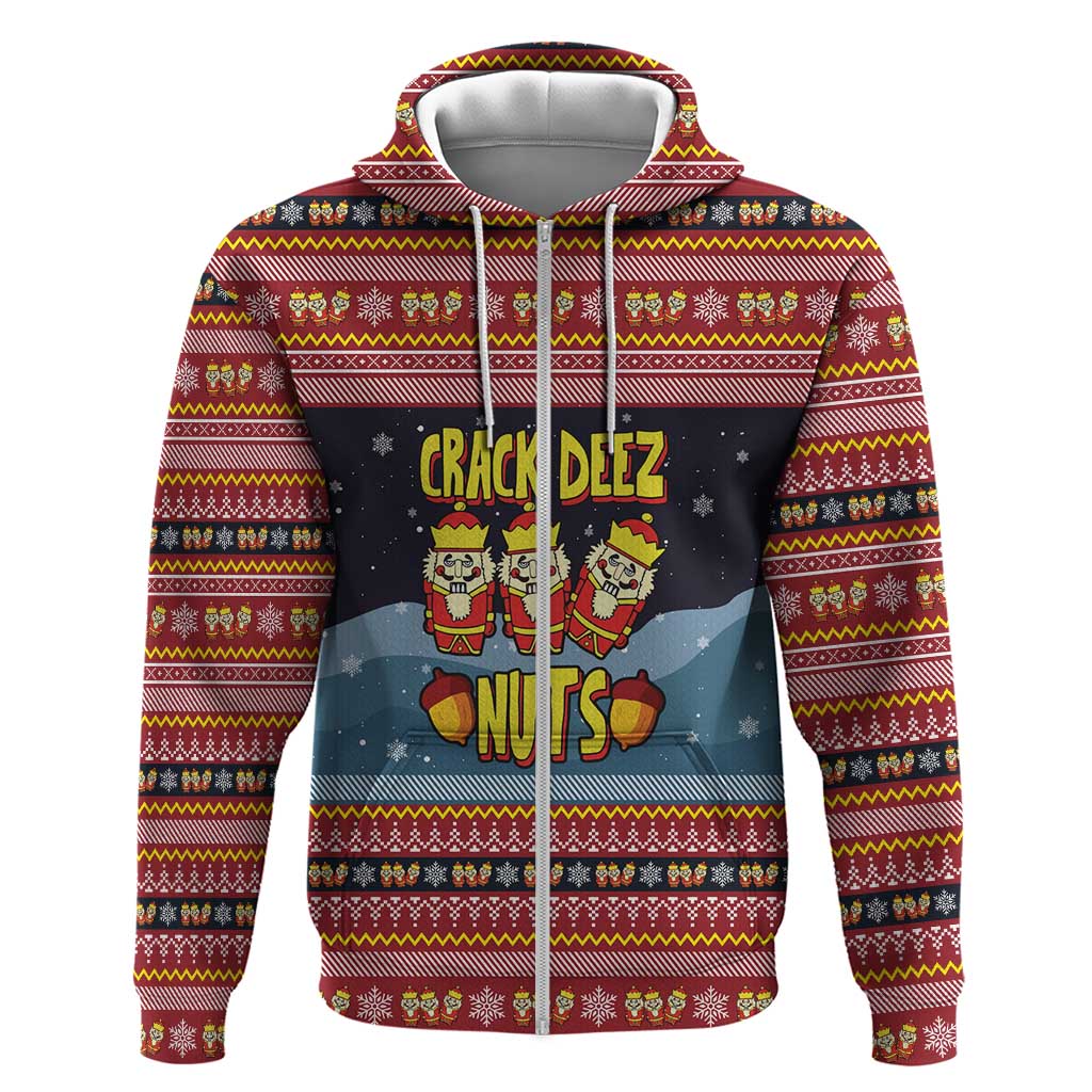 Funny Nutcracker Christmas Zip Hoodie with Crack Deez Nuts Quote and Holiday Pattern Design - Wonder Print Shop