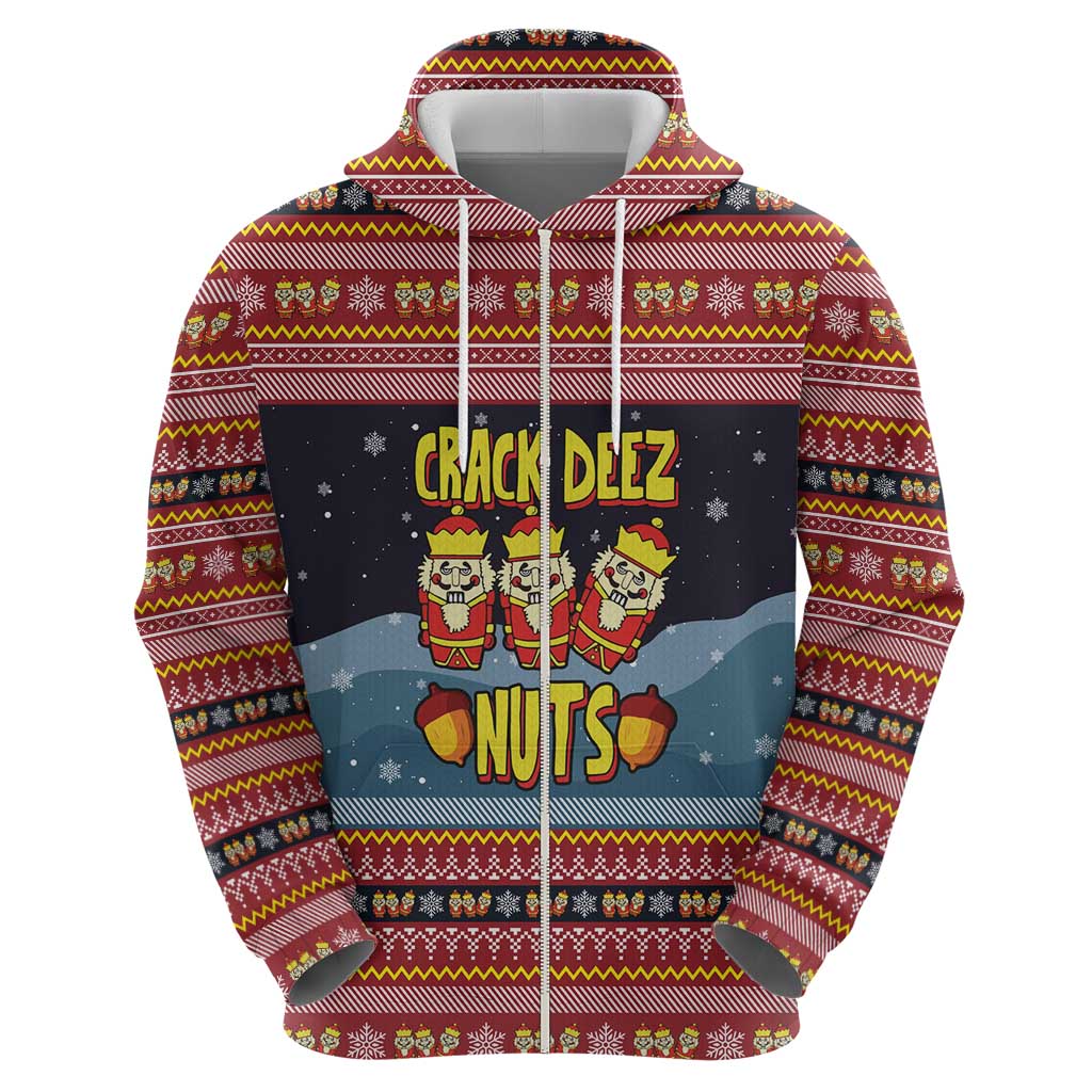 Funny Nutcracker Christmas Zip Hoodie with Crack Deez Nuts Quote and Holiday Pattern Design - Wonder Print Shop