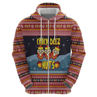 Funny Nutcracker Christmas Zip Hoodie with Crack Deez Nuts Quote and Holiday Pattern Design - Wonder Print Shop