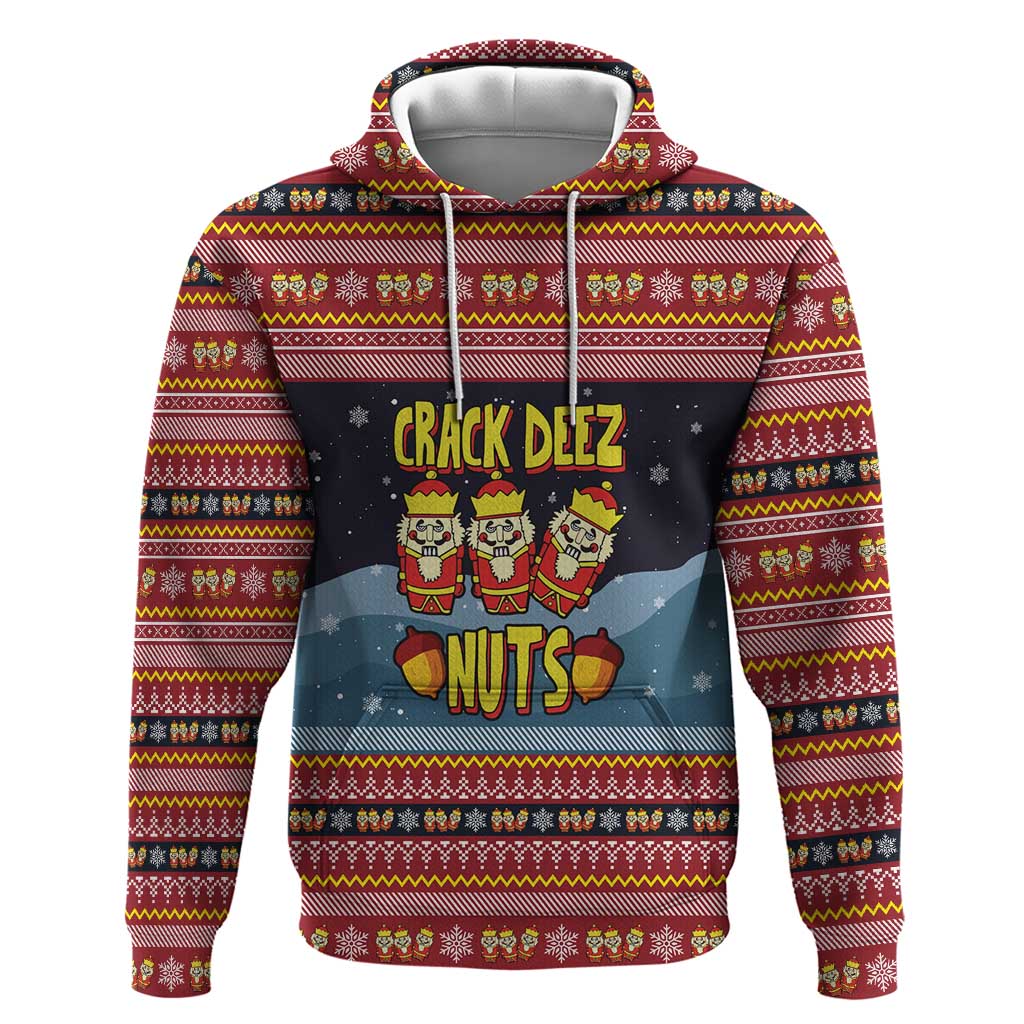 Funny Nutcracker Christmas Zip Hoodie with Crack Deez Nuts Quote and Holiday Pattern Design - Wonder Print Shop