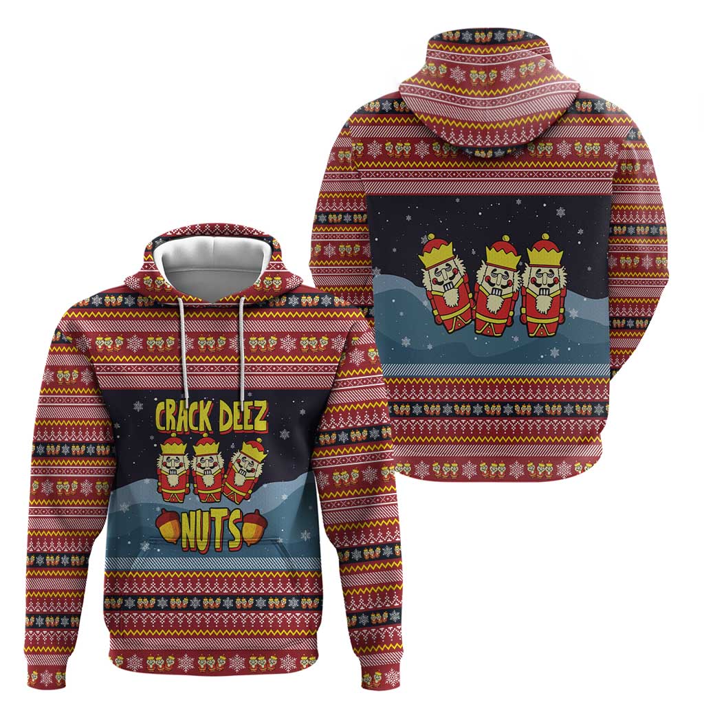 Funny Nutcracker Christmas Zip Hoodie with Crack Deez Nuts Quote and Holiday Pattern Design - Wonder Print Shop