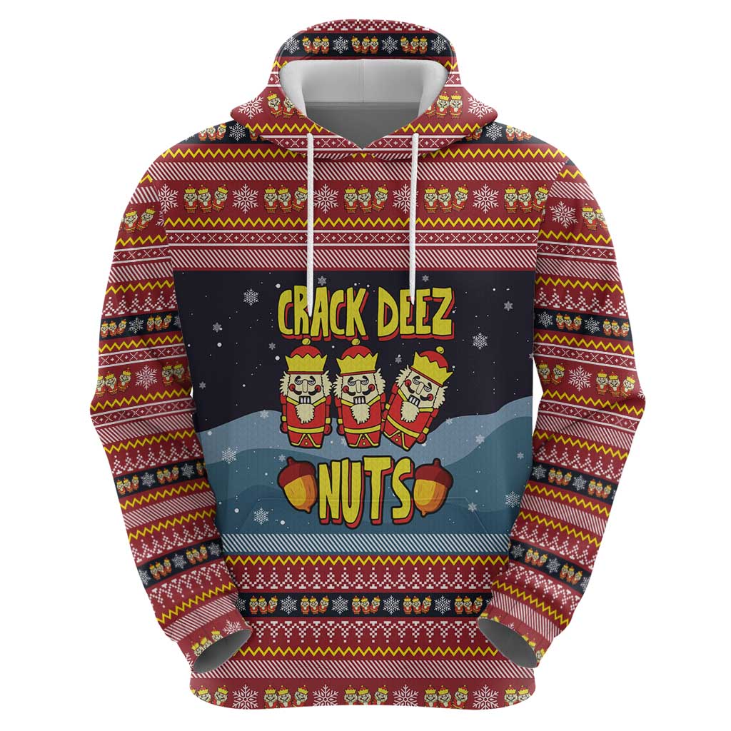 Funny Nutcracker Christmas Zip Hoodie with Crack Deez Nuts Quote and Holiday Pattern Design - Wonder Print Shop