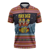 Funny Nutcracker Christmas Zipper Polo Shirt with Crack Deez Nuts Quote and Holiday Pattern Design - Wonder Print Shop