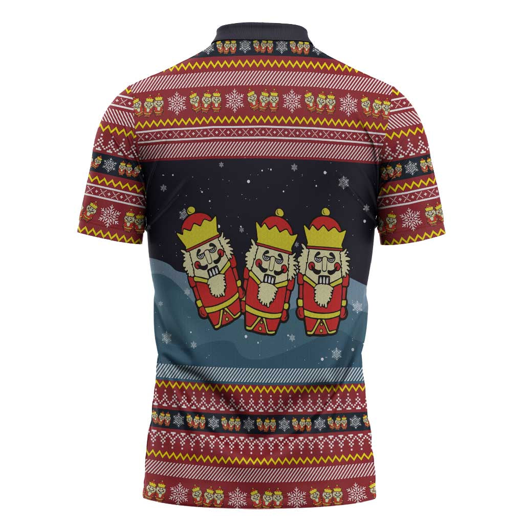 Funny Nutcracker Christmas Zipper Polo Shirt with Crack Deez Nuts Quote and Holiday Pattern Design - Wonder Print Shop
