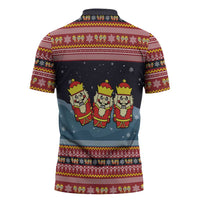 Funny Nutcracker Christmas Zipper Polo Shirt with Crack Deez Nuts Quote and Holiday Pattern Design - Wonder Print Shop