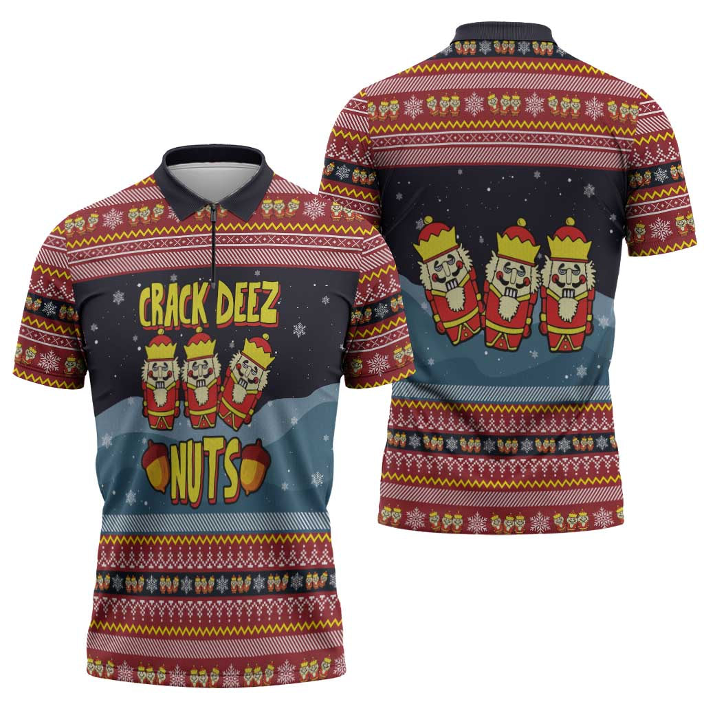 Funny Nutcracker Christmas Zipper Polo Shirt with Crack Deez Nuts Quote and Holiday Pattern Design - Wonder Print Shop