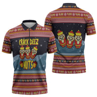 Funny Nutcracker Christmas Zipper Polo Shirt with Crack Deez Nuts Quote and Holiday Pattern Design - Wonder Print Shop