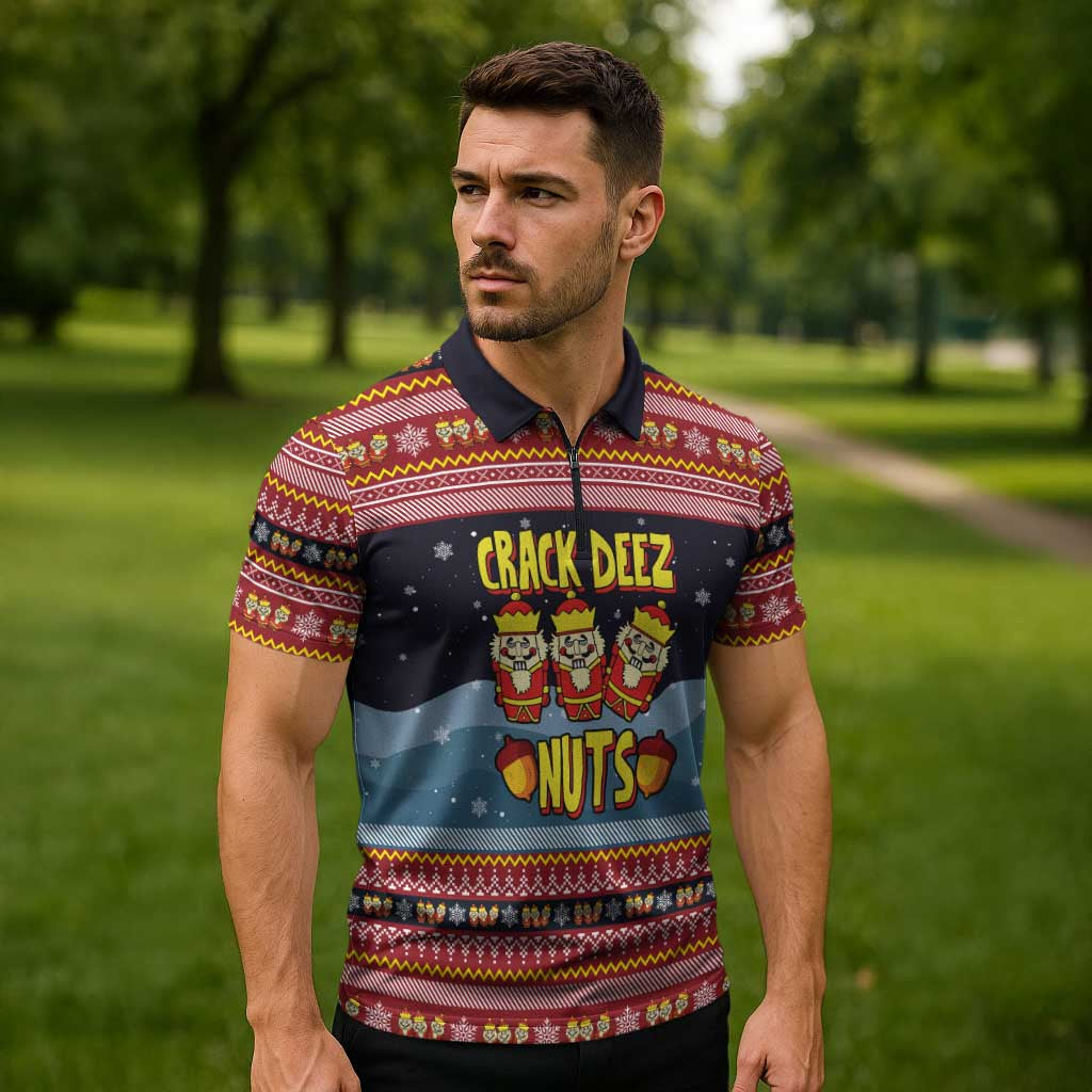 Funny Nutcracker Christmas Zipper Polo Shirt with Crack Deez Nuts Quote and Holiday Pattern Design - Wonder Print Shop