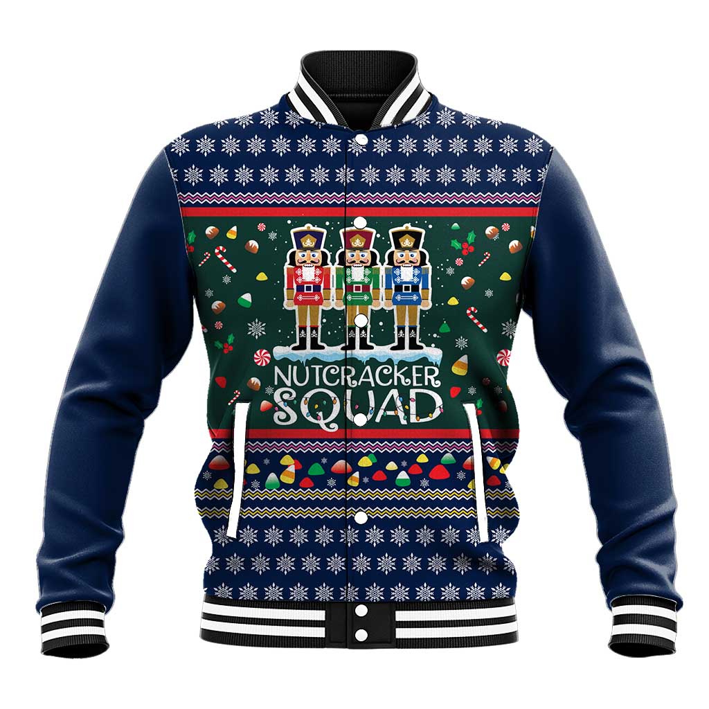 Nutcracker Squad Christmas Baseball Jacket with Candy Cane and Snowflake Holiday Design - Wonder Print Shop