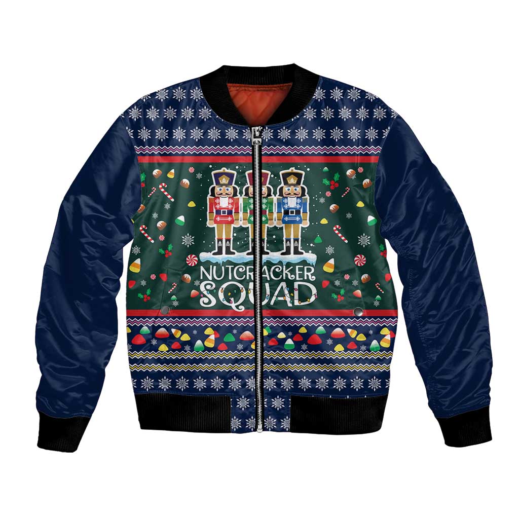 Nutcracker Squad Christmas Bomber Jacket with Candy Cane and Snowflake Holiday Design - Wonder Print Shop
