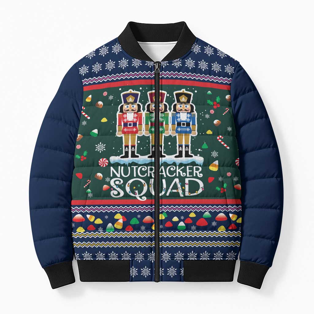 Nutcracker Squad Christmas Bomber Puffer Jacket with Candy Cane and Snowflake Holiday Design - Wonder Print Shop