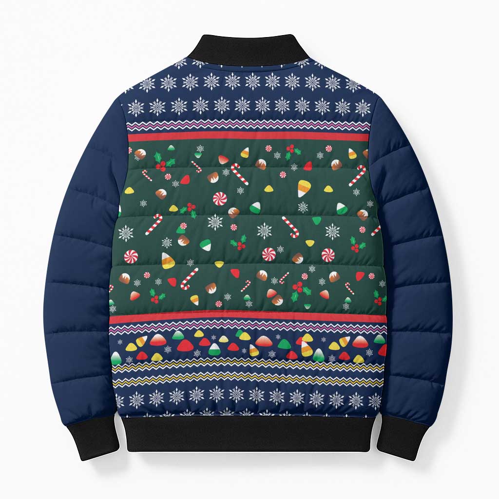 Nutcracker Squad Christmas Bomber Puffer Jacket with Candy Cane and Snowflake Holiday Design - Wonder Print Shop