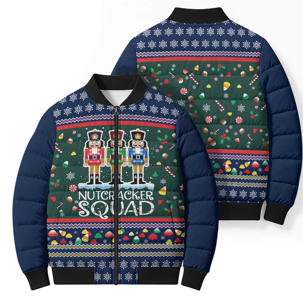 Nutcracker Squad Christmas Bomber Puffer Jacket with Candy Cane and Snowflake Holiday Design - Wonder Print Shop