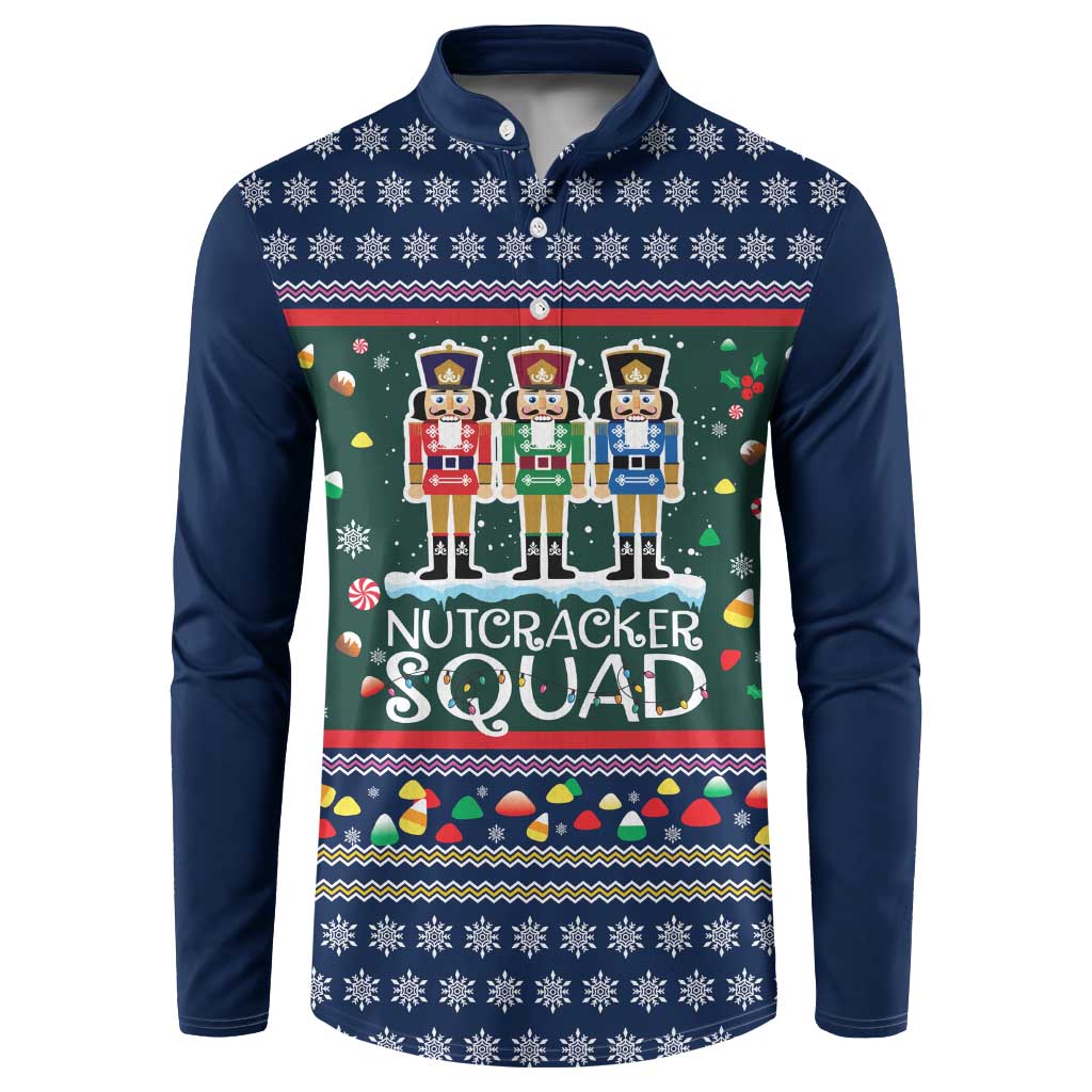 Nutcracker Squad Christmas Button Sweatshirt with Candy Cane and Snowflake Holiday Design - Wonder Print Shop