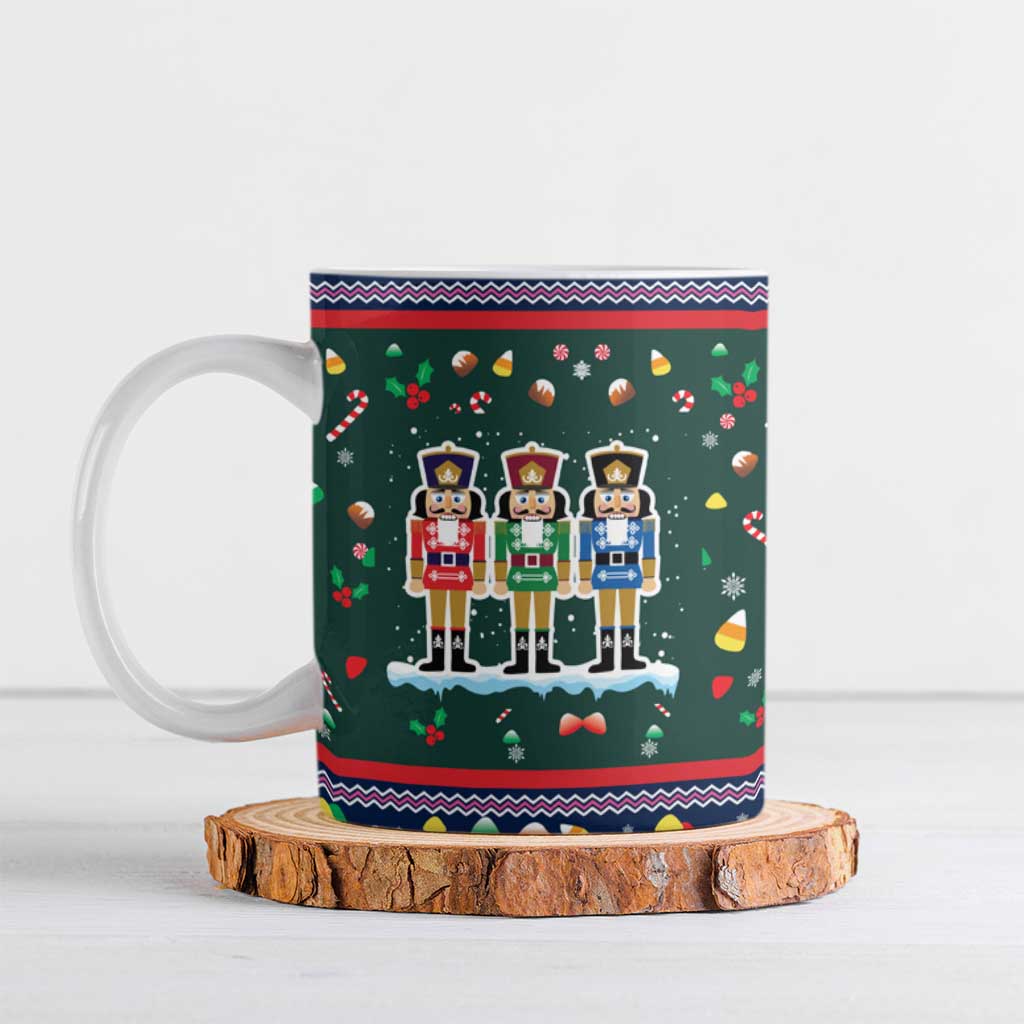 Nutcracker Squad Christmas Ceramic Mug with Candy Cane and Snowflake Holiday Design - Wonder Print Shop