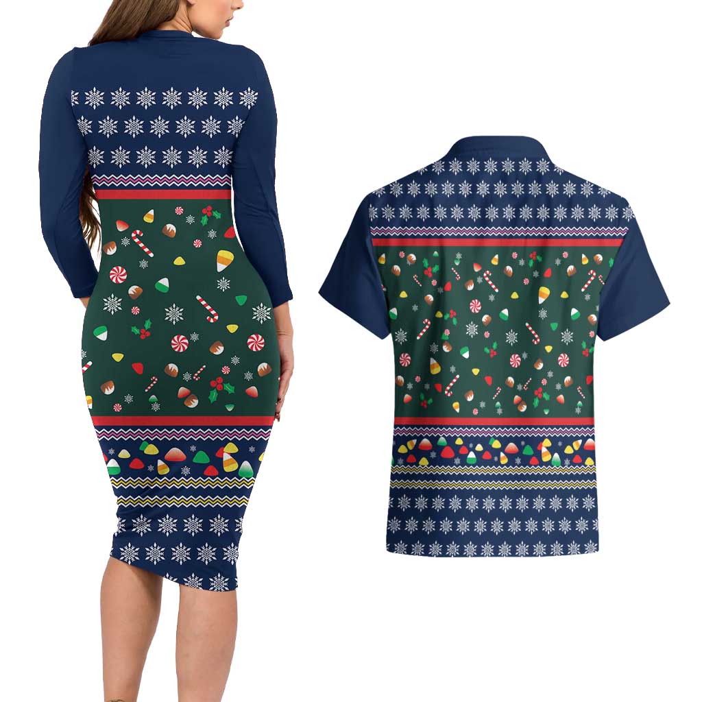 Nutcracker Squad Christmas Couples Matching Long Sleeve Bodycon Dress and Hawaiian Shirt with Candy Cane and Snowflake Holiday Design - Wonder Print Shop