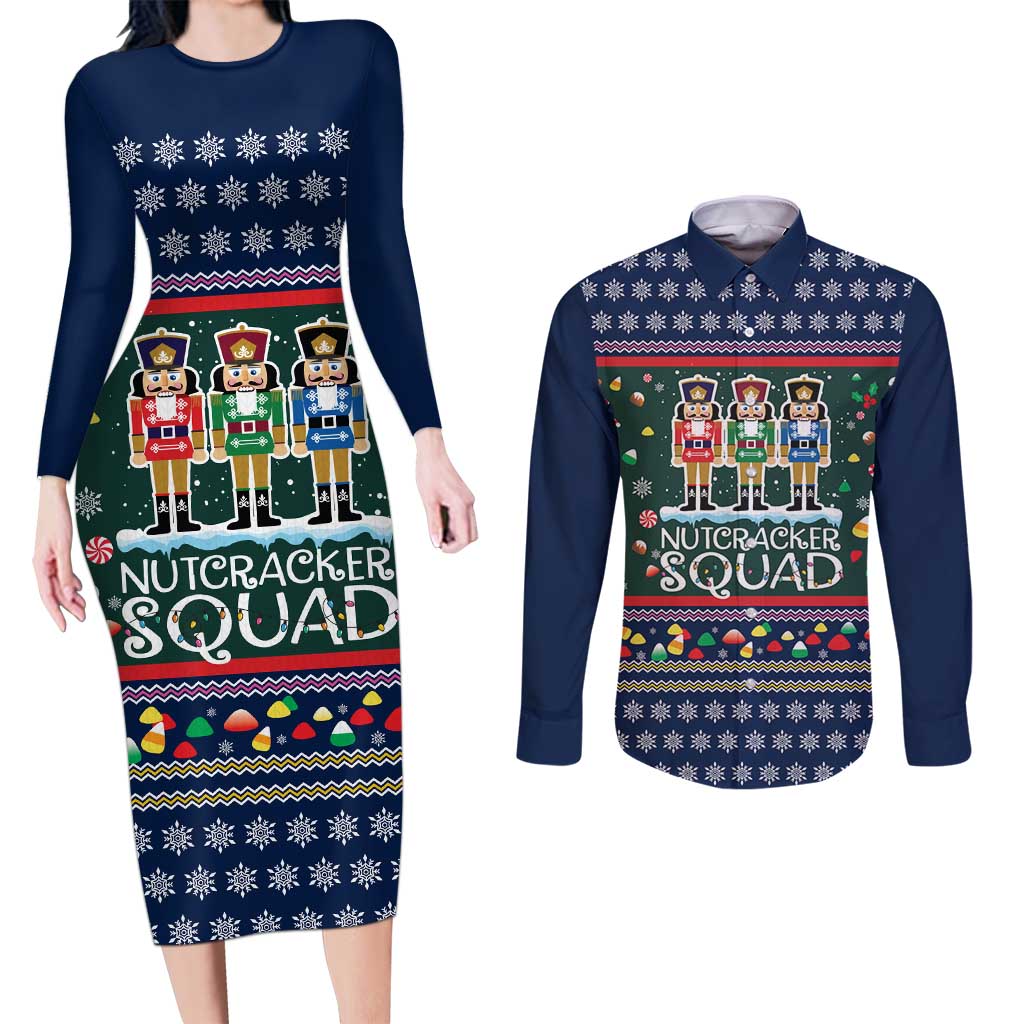 Nutcracker Squad Christmas Couples Matching Long Sleeve Bodycon Dress and Long Sleeve Button Shirt with Candy Cane and Snowflake Holiday Design - Wonder Print Shop