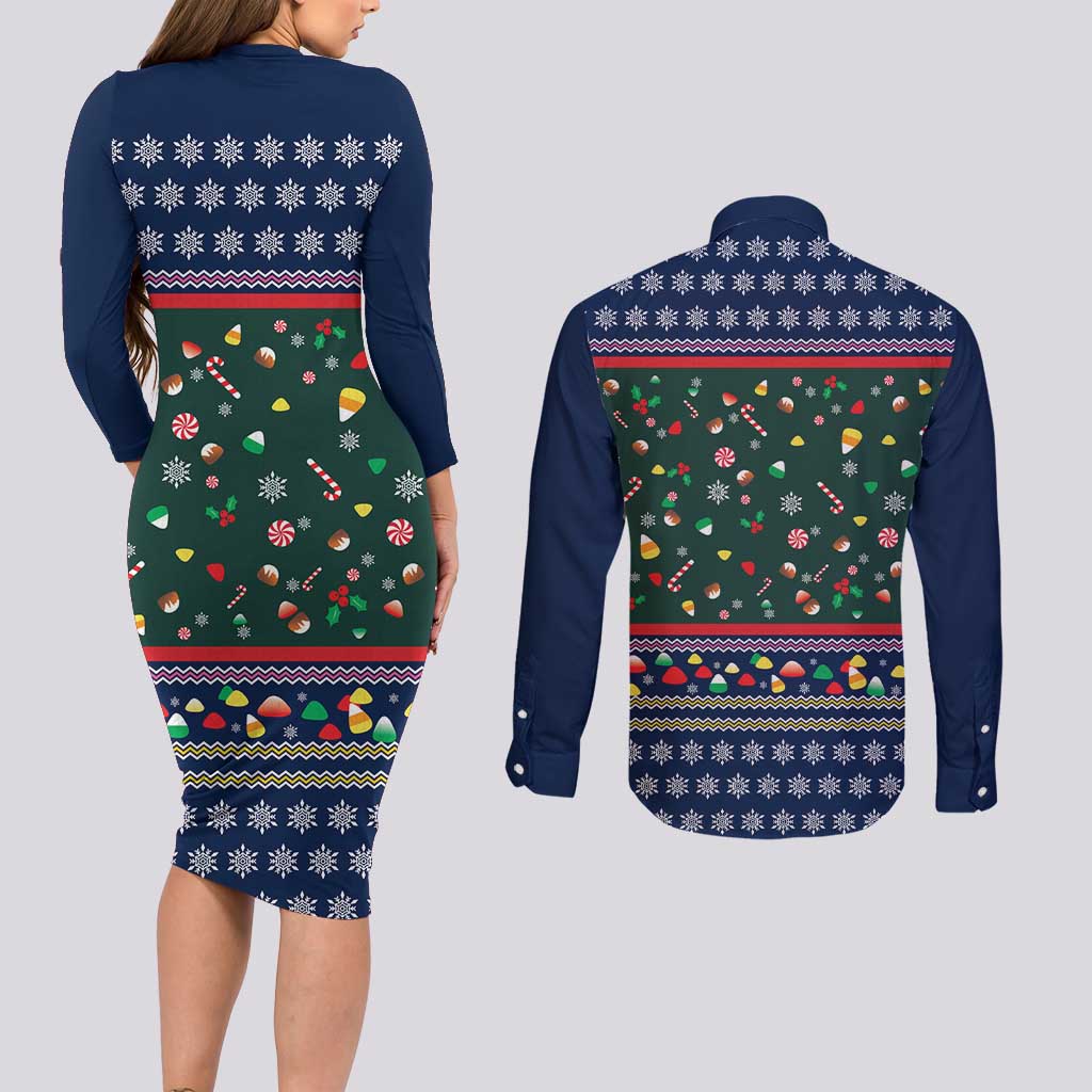 Nutcracker Squad Christmas Couples Matching Long Sleeve Bodycon Dress and Long Sleeve Button Shirt with Candy Cane and Snowflake Holiday Design - Wonder Print Shop