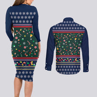 Nutcracker Squad Christmas Couples Matching Long Sleeve Bodycon Dress and Long Sleeve Button Shirt with Candy Cane and Snowflake Holiday Design - Wonder Print Shop