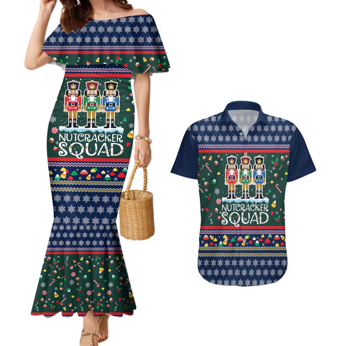 Nutcracker Squad Christmas Couples Matching Mermaid Dress and Hawaiian Shirt with Candy Cane and Snowflake Holiday Design - Wonder Print Shop