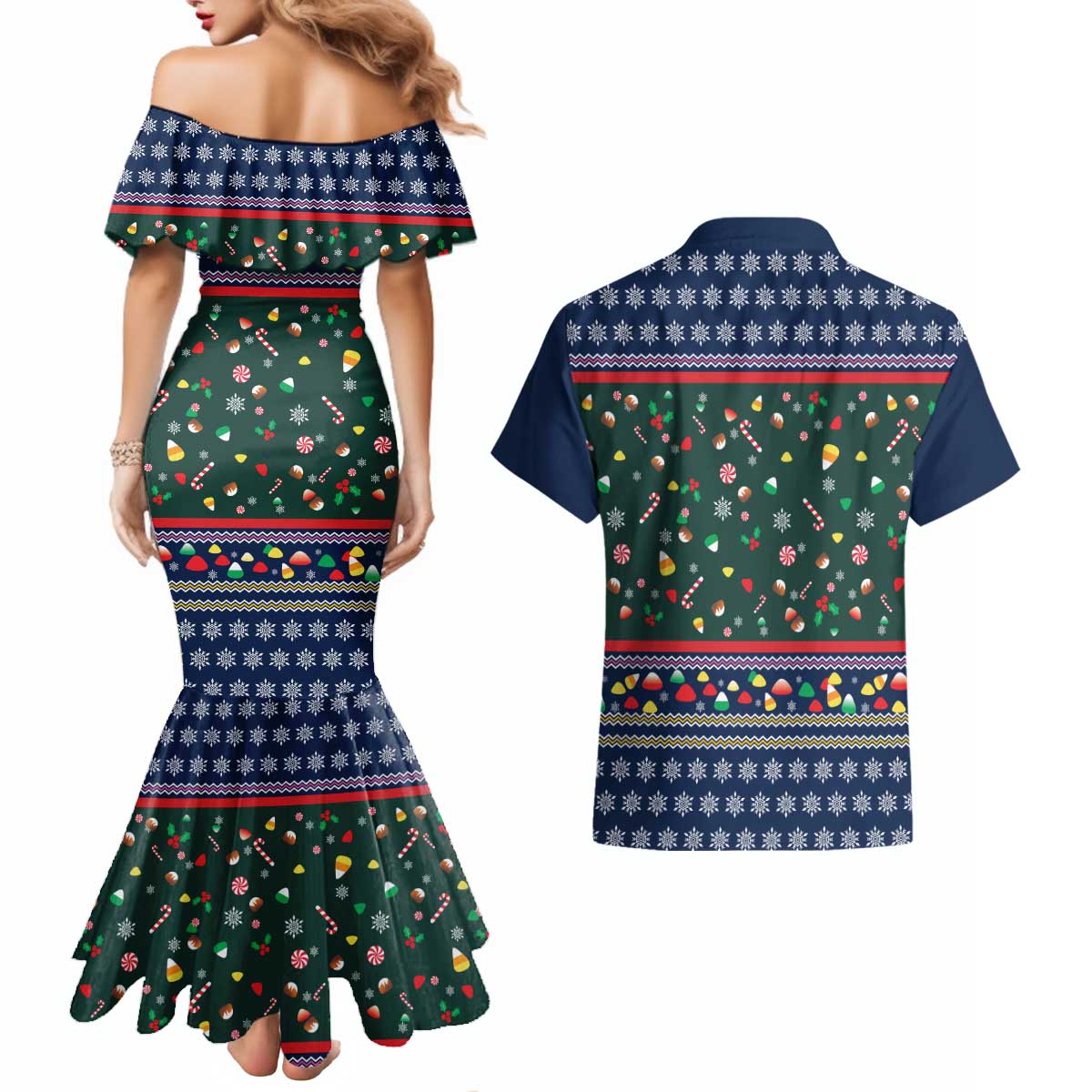 Nutcracker Squad Christmas Couples Matching Mermaid Dress and Hawaiian Shirt with Candy Cane and Snowflake Holiday Design - Wonder Print Shop