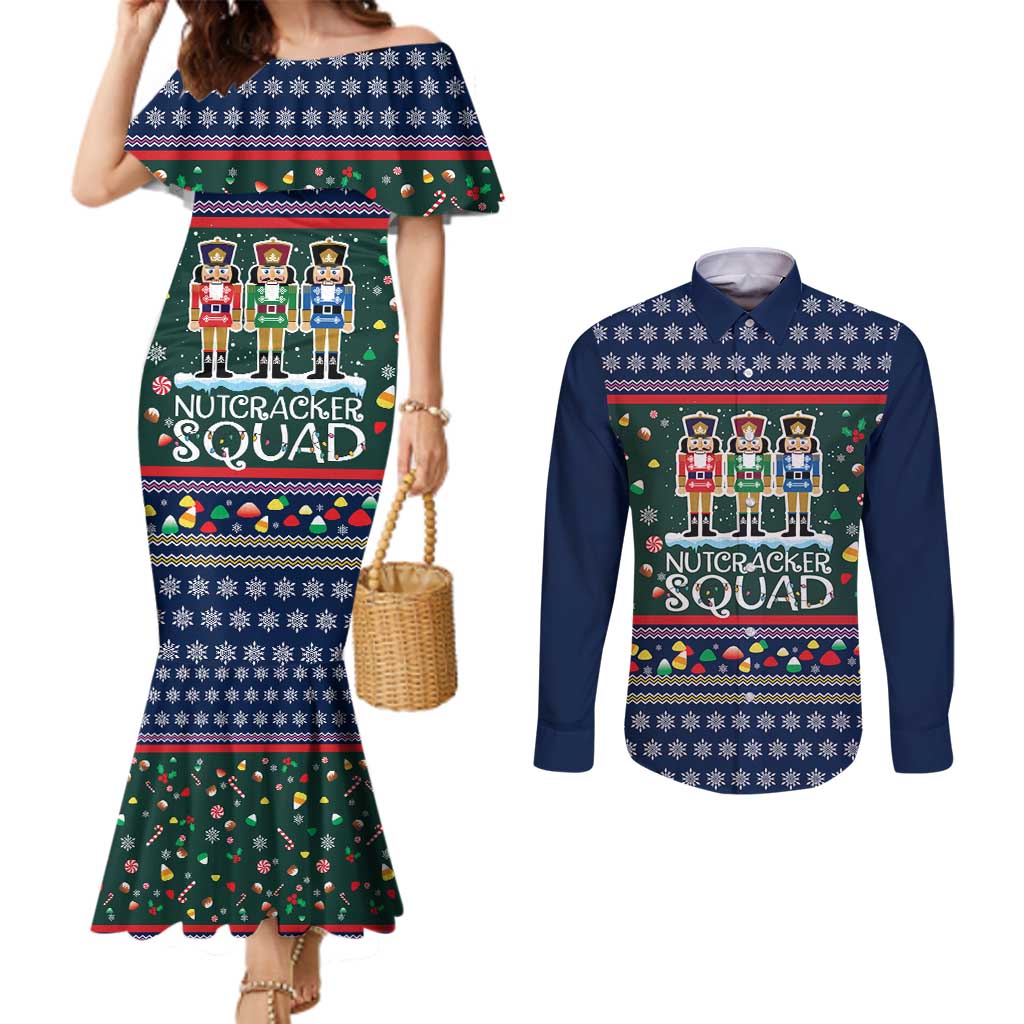 Nutcracker Squad Christmas Couples Matching Mermaid Dress and Long Sleeve Button Shirt with Candy Cane and Snowflake Holiday Design - Wonder Print Shop