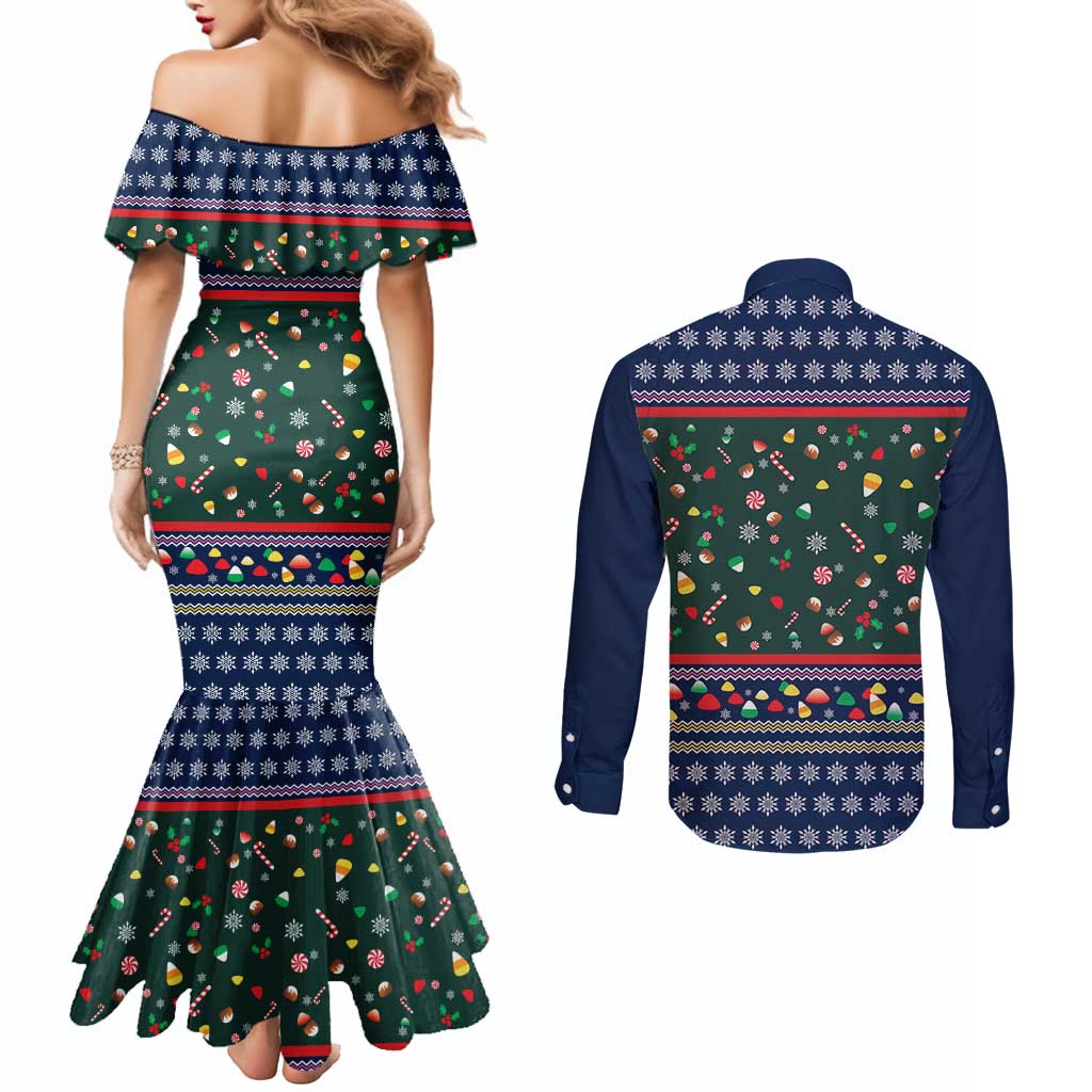 Nutcracker Squad Christmas Couples Matching Mermaid Dress and Long Sleeve Button Shirt with Candy Cane and Snowflake Holiday Design - Wonder Print Shop
