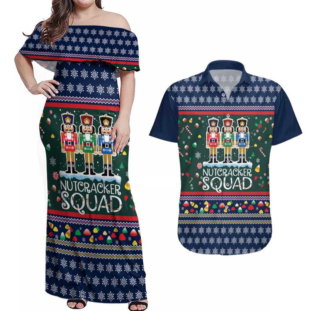 Nutcracker Squad Christmas Couples Matching Off Shoulder Maxi Dress and Hawaiian Shirt with Candy Cane and Snowflake Holiday Design - Wonder Print Shop